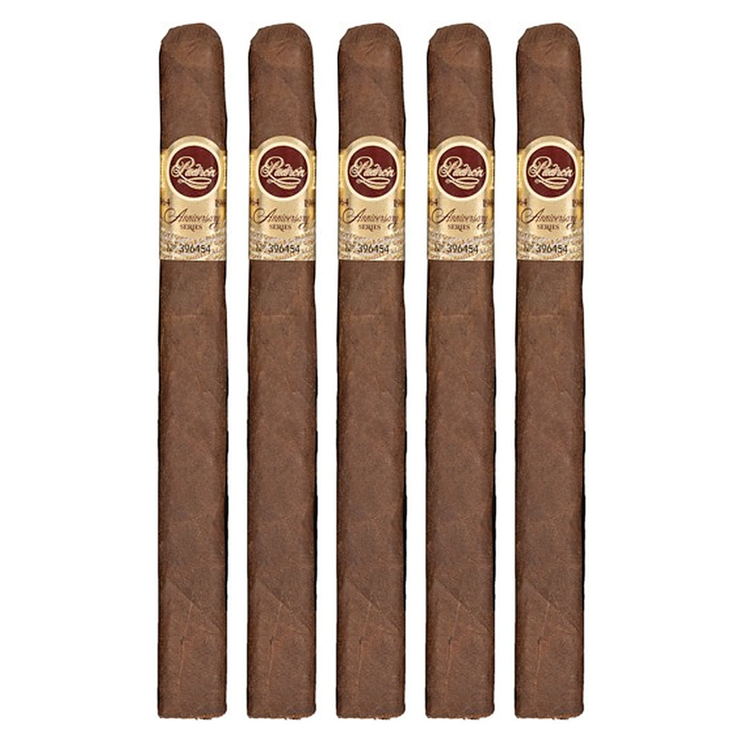 Five Padron 1964 Anniversary Series Superior Maduro cigars, 6.5 × 42, lined up side by side