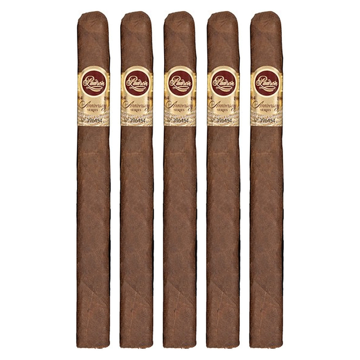Five Padron 1964 Anniversary Series Superior Maduro cigars, 6.5 × 42, lined up side by side