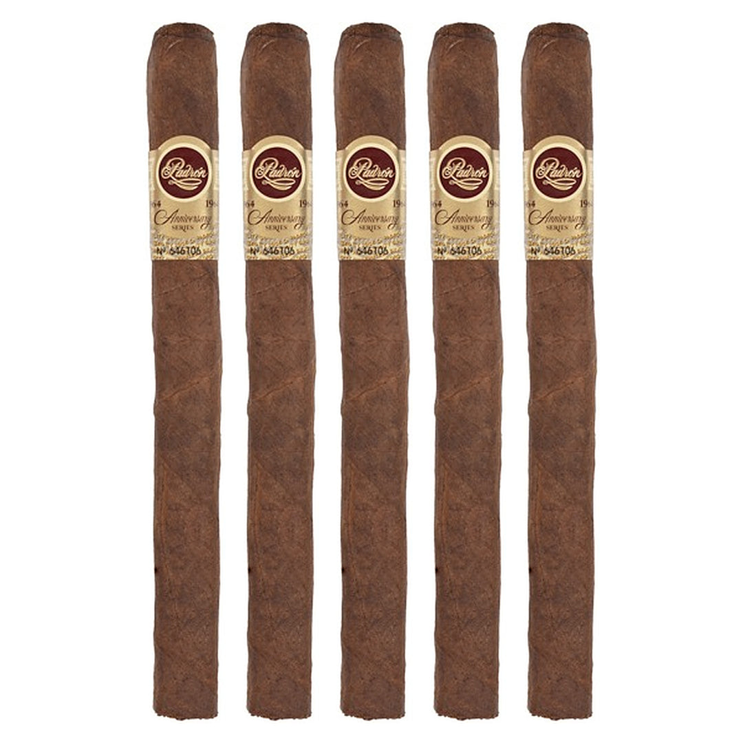 Five Padron 1964 Anniversary Series Superior Natural cigars, 6.5 × 42, lined up side by side