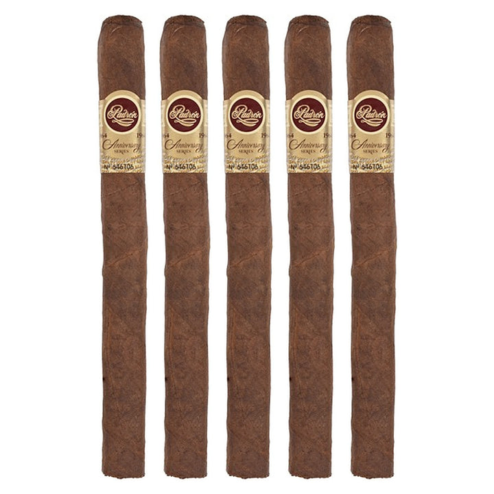Five Padron 1964 Anniversary Series Superior Natural cigars, 6.5 × 42, lined up side by side