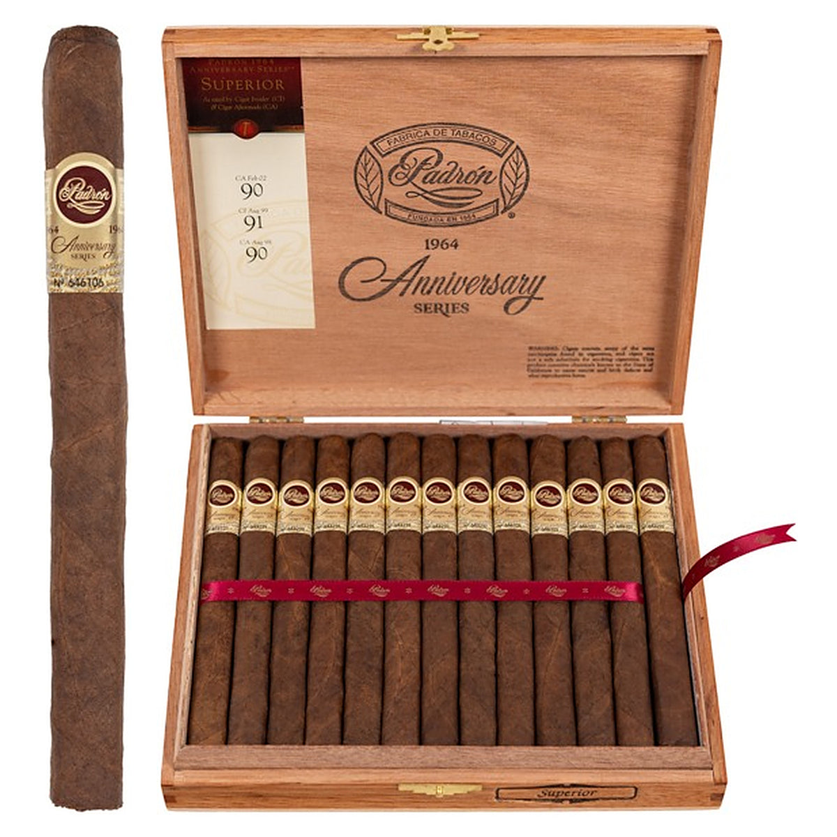 Padron 1964 Anniversary Series Superior Natural cigar, 6.5 × 42, with Nicaraguan natural wrapper, beside its open box of 25
