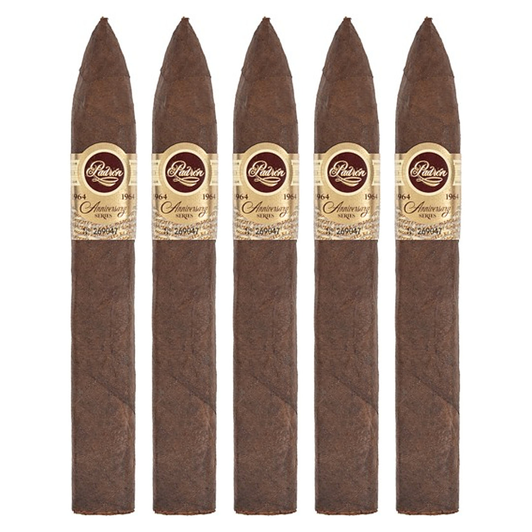 Five Padron 1964 Anniversary Series Torpedo Maduro cigars, 6 × 52, lined up side by side