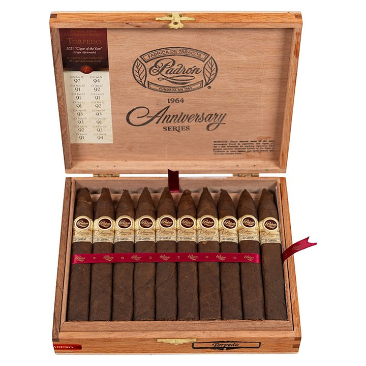 Open box of 20 Padron 1964 Anniversary Series Torpedo Maduro cigars