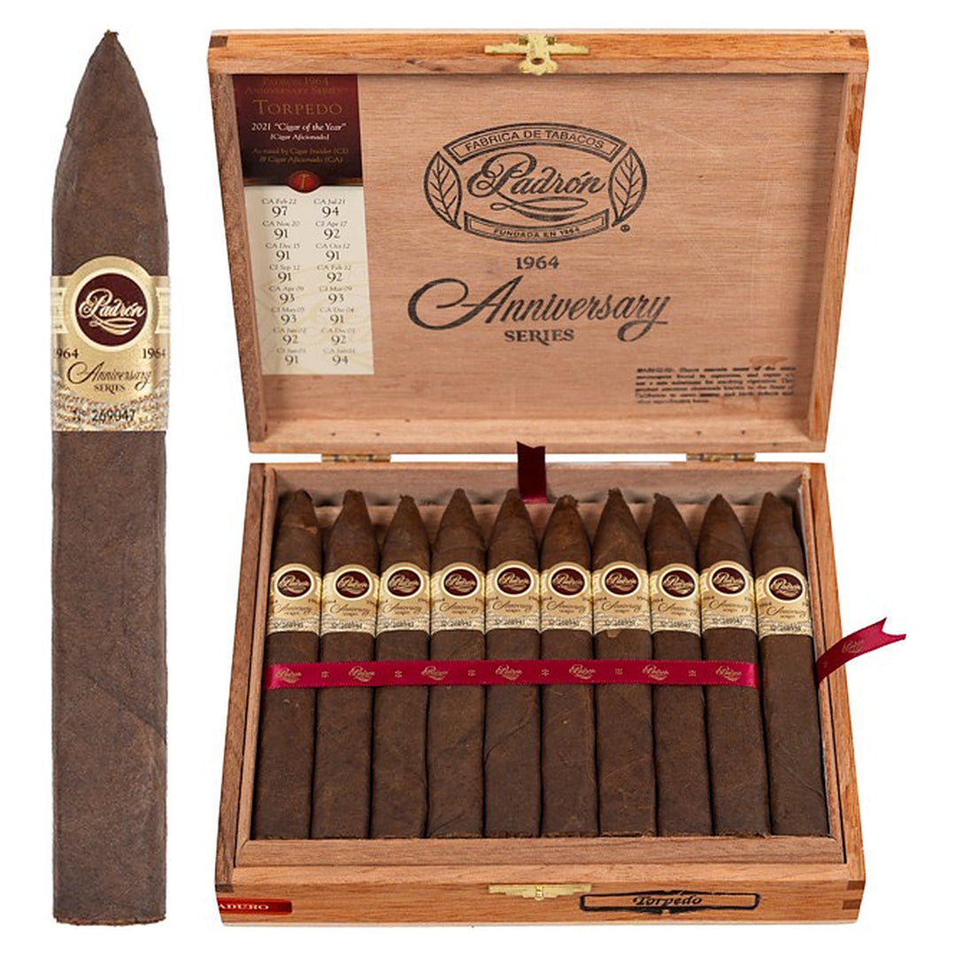 Padron 1964 Anniversary Series Torpedo Maduro cigar, 6 × 52, with Nicaraguan maduro wrapper, beside its open box of 20