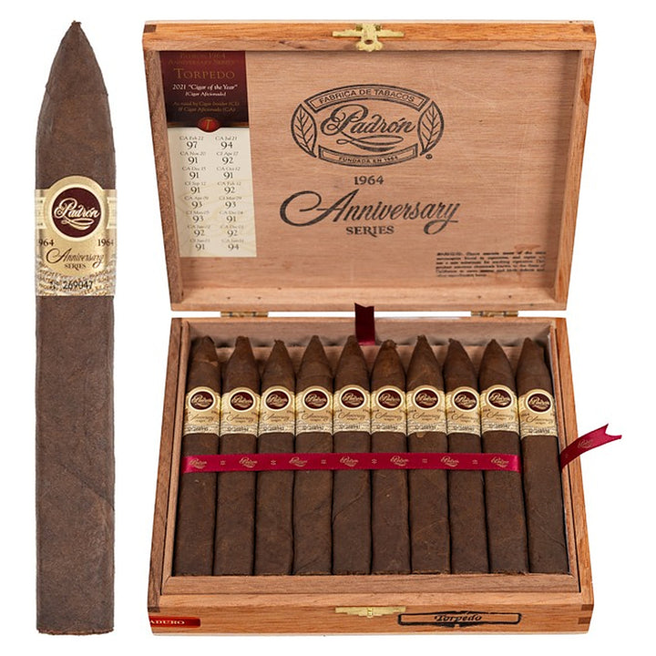 Padron 1964 Anniversary Series Torpedo Maduro cigar, 6 × 52, with Nicaraguan maduro wrapper, beside its open box of 20
