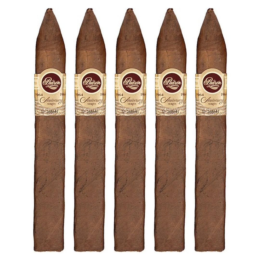 Five Padron 1964 Anniversary Series Torpedo Natural cigars, 6 × 52, lined up side by side