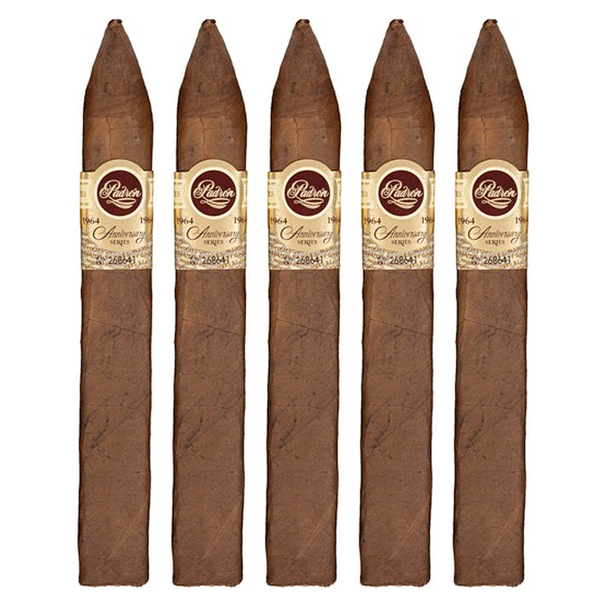 Five Padron 1964 Anniversary Series Torpedo Natural cigars, 6 × 52, lined up side by side
