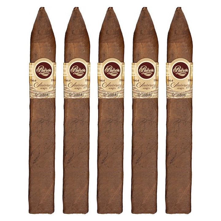 Five Padron 1964 Anniversary Series Torpedo Natural cigars, 6 × 52, lined up side by side