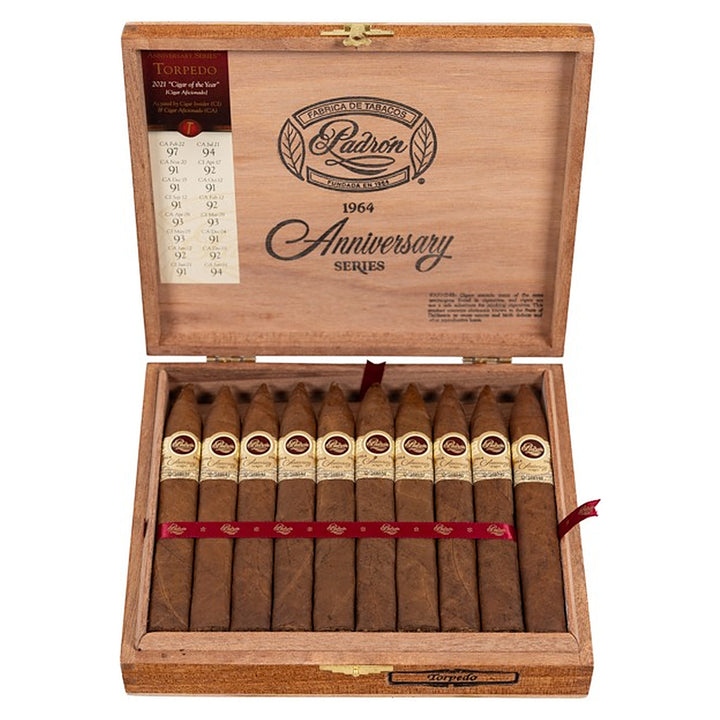 Open box of 20 Padron 1964 Anniversary Series Torpedo Natural cigars