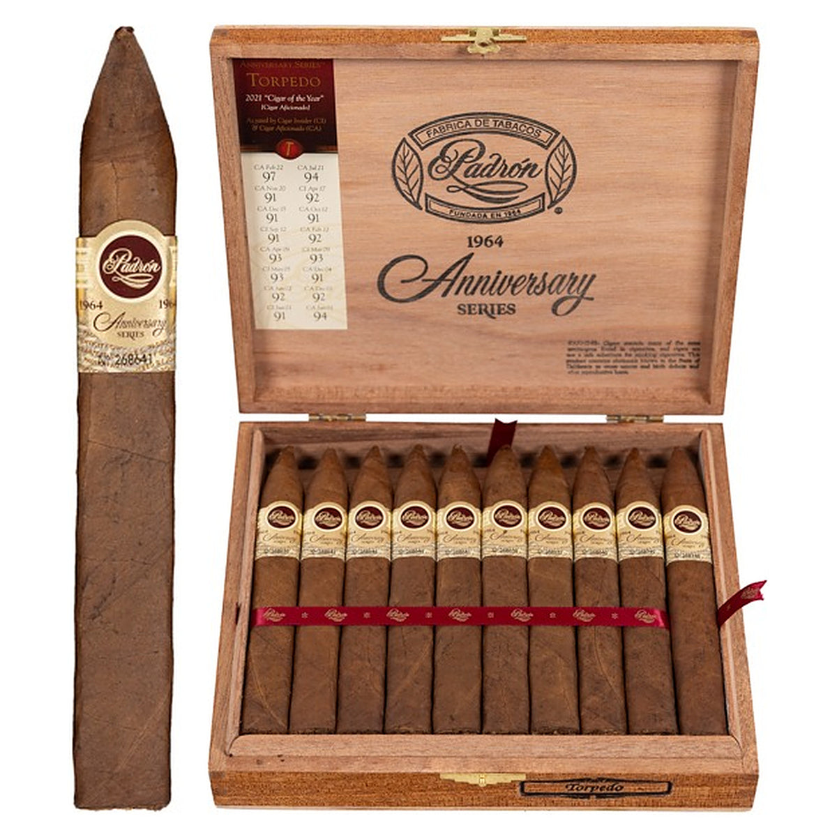 Padron 1964 Anniversary Series Torpedo Natural cigar, 6 × 52, with Nicaraguan natural wrapper, beside its open box of 20