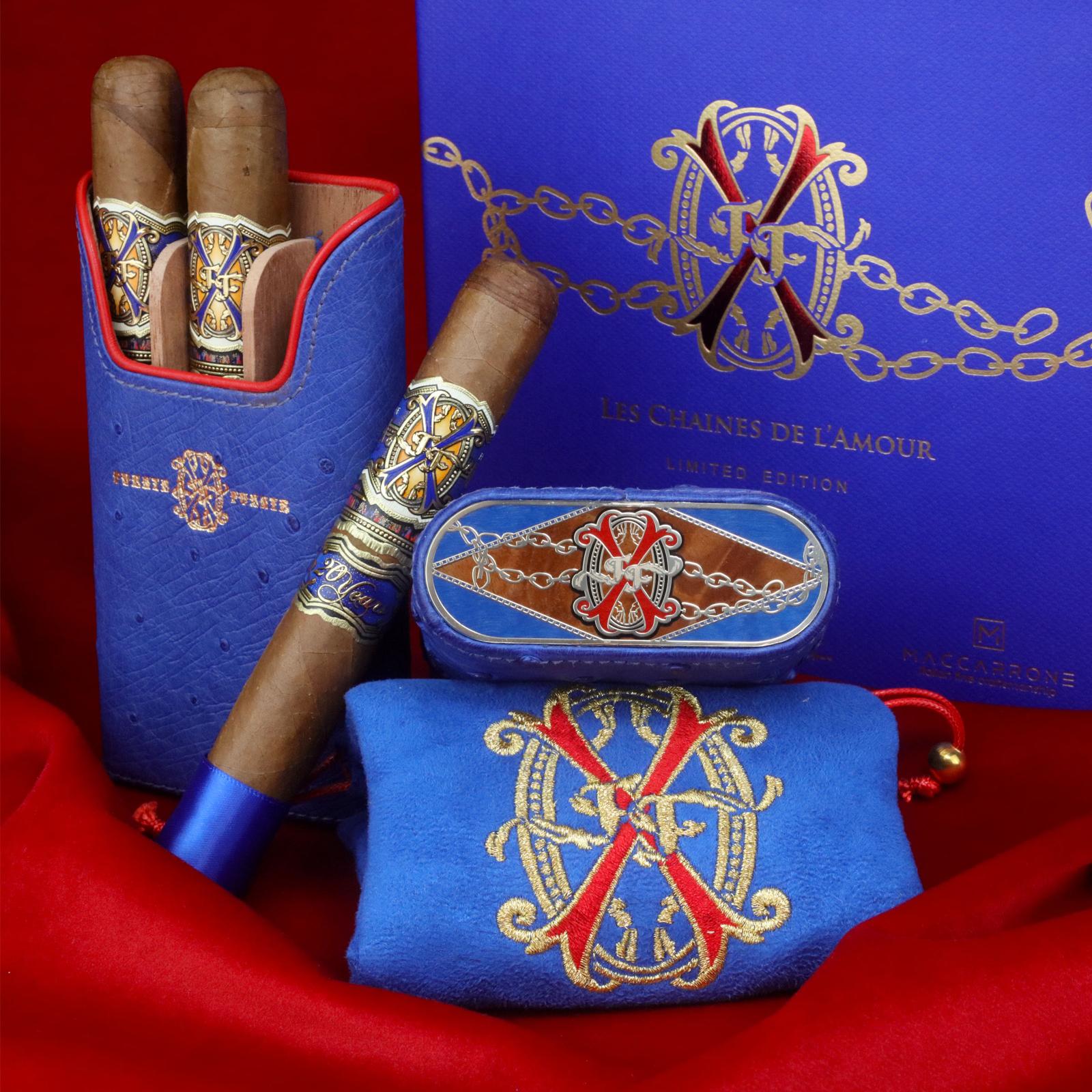 Brizard & Co. x Opus X Les Chaines De L'Amour Maccarrone collaboration cigar case with Opus X cigars, featuring luxurious blue ostrich finish.