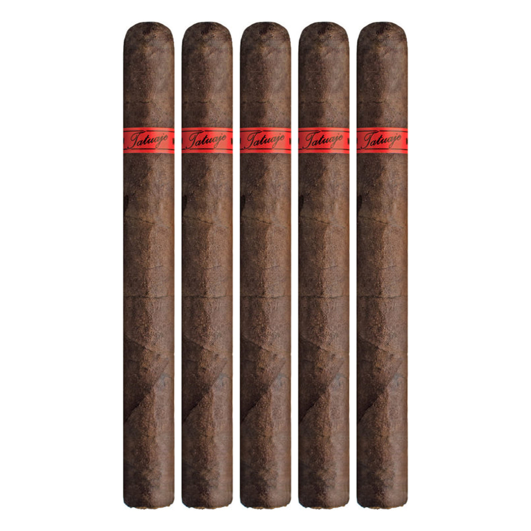 Five Tatuaje The Jason Redux 6 cigars with red Tatuaje bands lined up on a white background