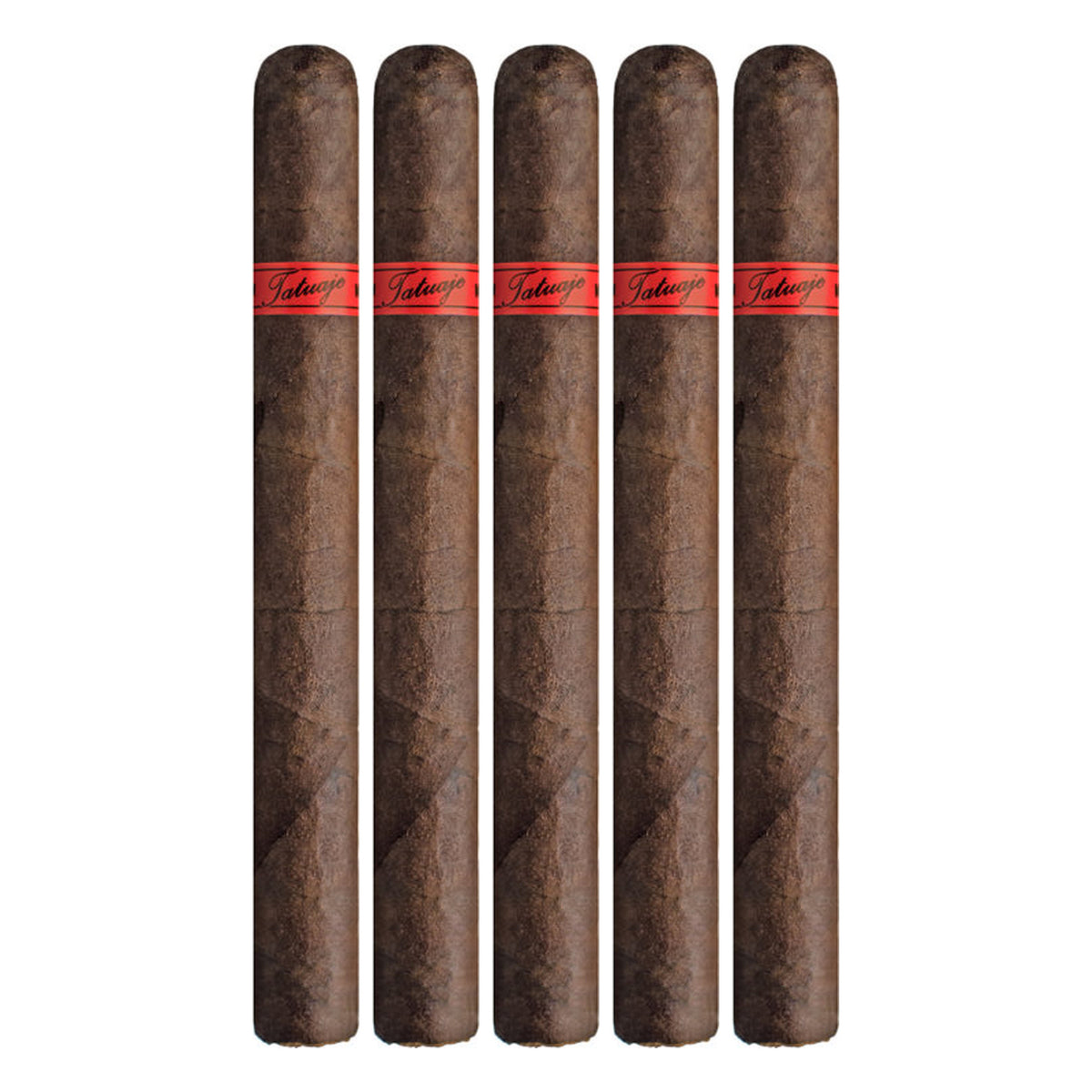 Five Tatuaje The Jason Redux 6 cigars with red Tatuaje bands lined up on a white background