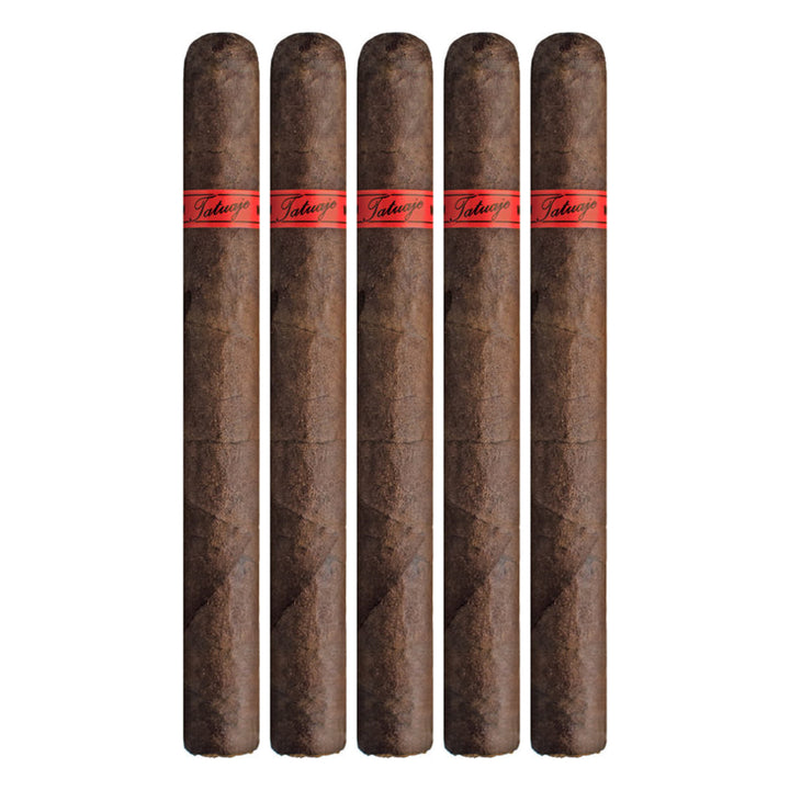 Five Tatuaje The Jason Redux 6 cigars with red Tatuaje bands lined up on a white background