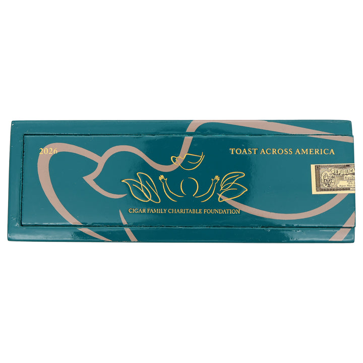 Closed teal box of Arturo Fuente Toast Across America 2026 cigars