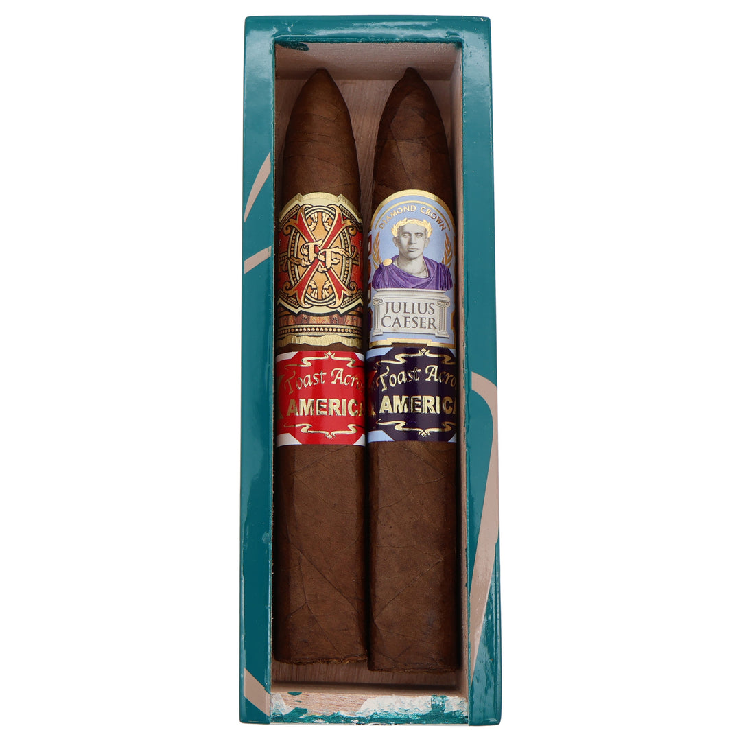 Open box of 2 Arturo Fuente Toast Across America 2026 cigars, one OpusX Shark and one Julius Caeser Shark