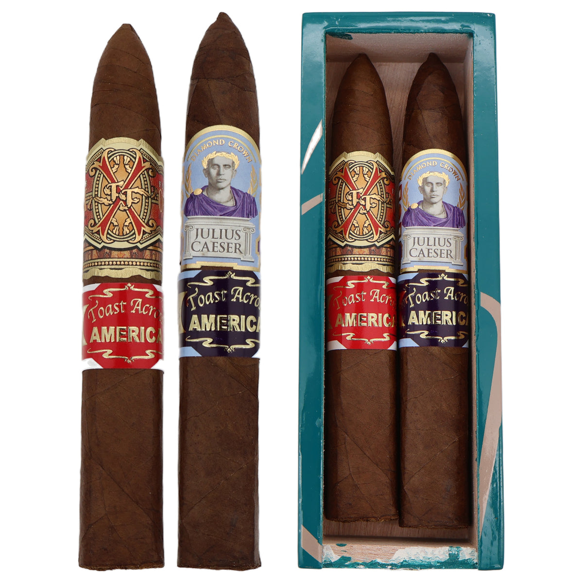 Fuente Fuente OpusX Shark and Diamond Crown Julius Caeser Shark cigars beside the open Toast Across America 2026 box of 2