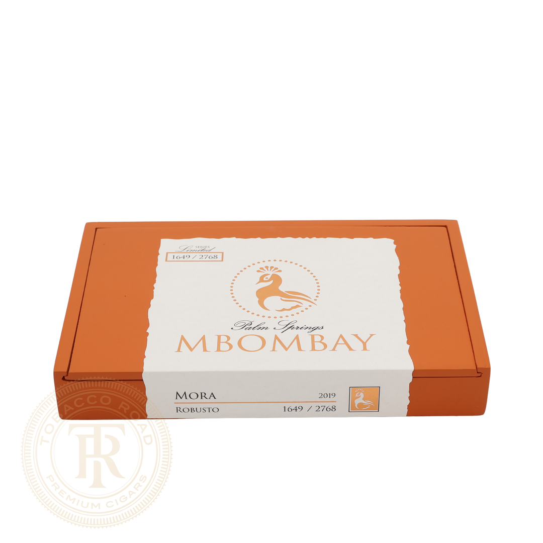 Closed box of MBombay Palm Springs Mora Robusto premium cigars with original branded packaging.