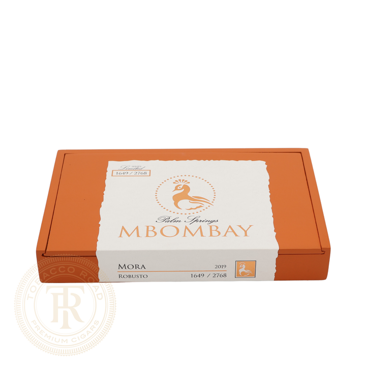 Closed box of MBombay Palm Springs Mora Robusto premium cigars with original branded packaging.