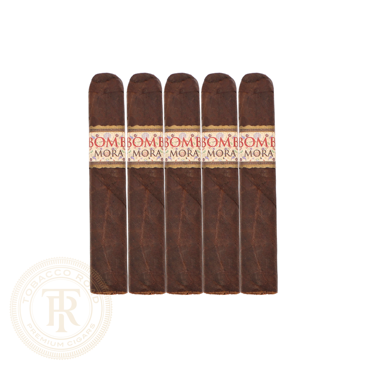 Five MBombay Palm Springs Mora Robusto premium cigars displayed together on a white background
