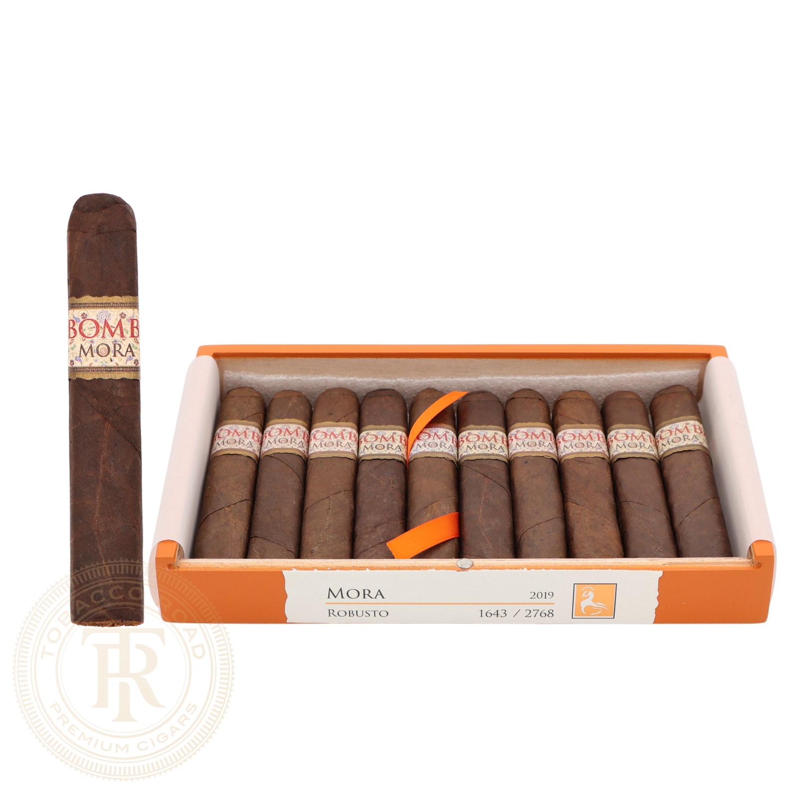 MBombay Palm Springs Mora Robusto premium cigars in an open box with a single cigar displayed beside the box.