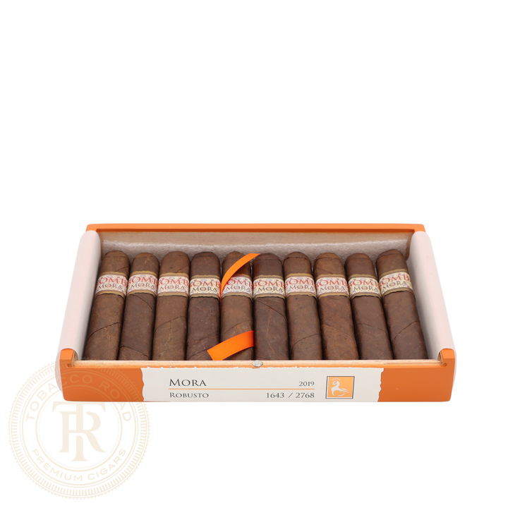 Open box of MBombay Palm Springs Mora Robusto premium cigars showing the full presentation and cigars inside.
